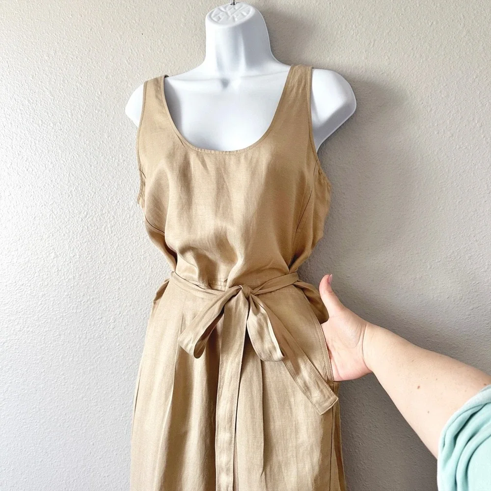 Banana Republic Gold Shimmer Tan Linen Sleeveless Tie Waist Jumpsuit Size Small